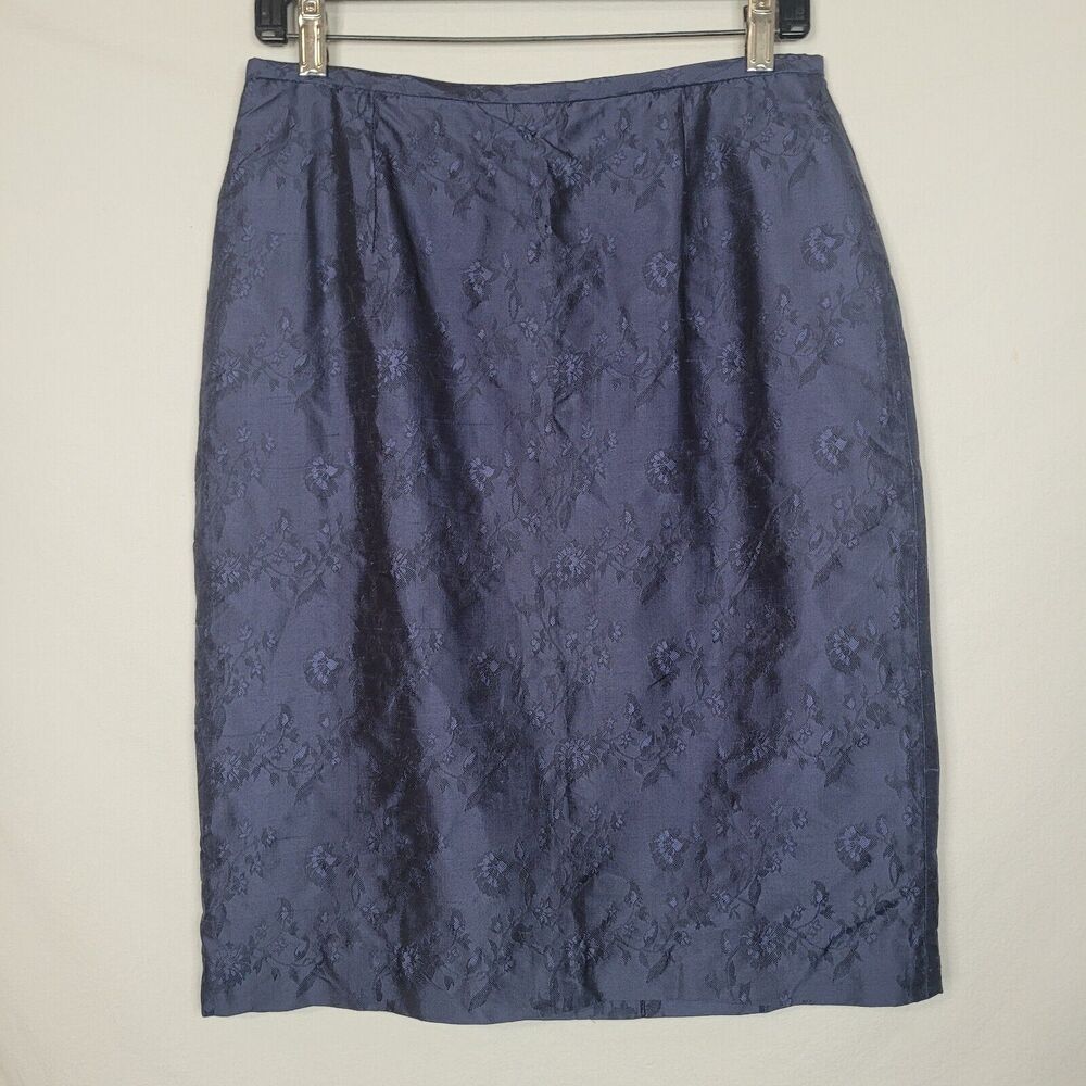 Ann Taylor Silk Shantung Pencil Skirt Blue Floral Size 10 Rear Zip & Vent Lined